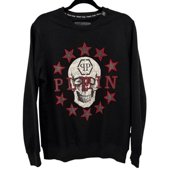 PHILIPP PLEIN Couture Peace Sweatshirt Embroidered Logo Black Men’s Size Medium